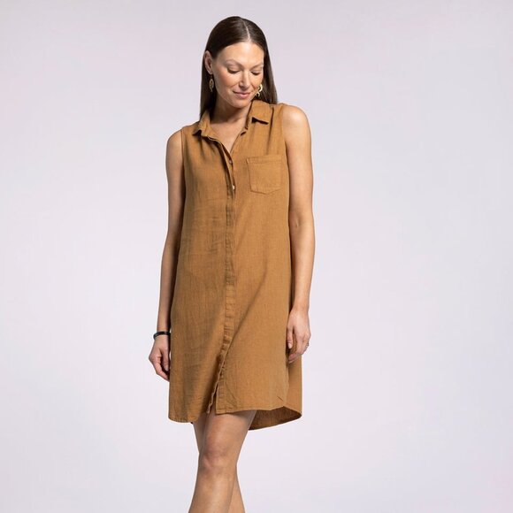 Thread & Supply L Reef Point Sleeveless Shirt Dress Linen Blend Golden Brown - Picture 1 of 16